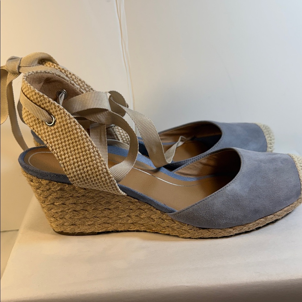 Vionic Light Blue Suede Espadrille Wedge Sandals with Tie Straps - Picture 2 of 4